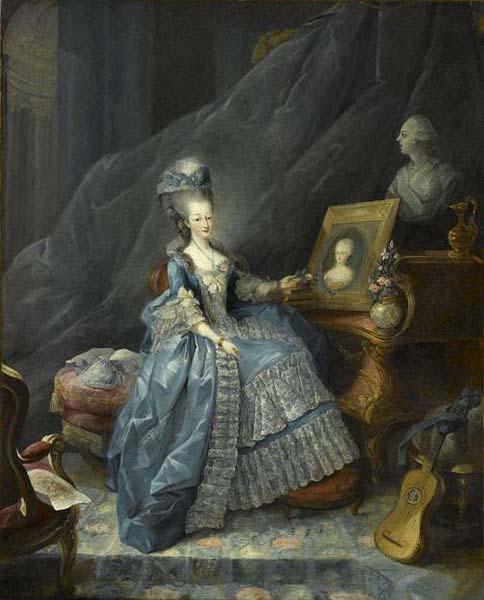 unknow artist Marie Therese of Savoy, Countess of Artois pointing to a portrait of her mother and overlooked by abust of her husband oil painting image
